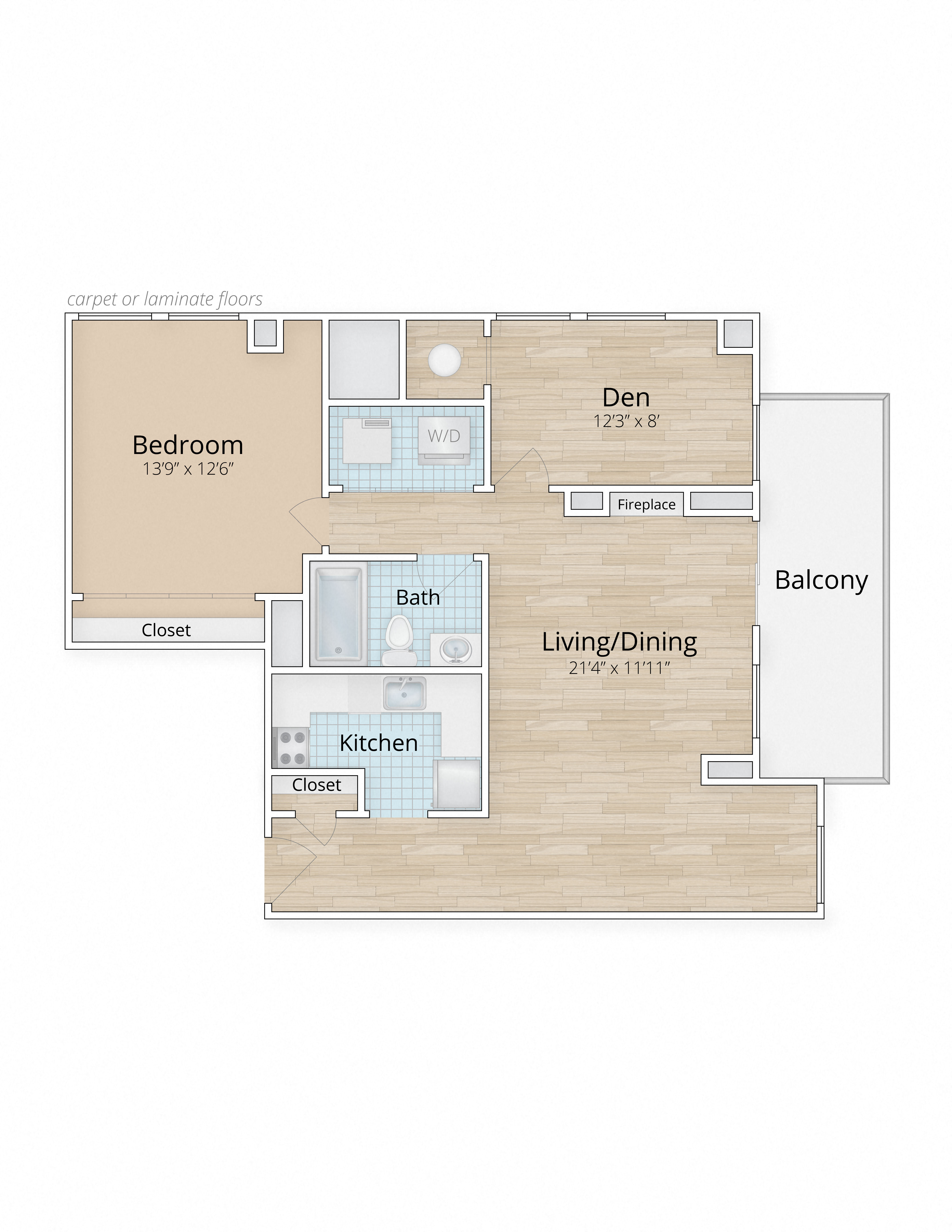Floor plan for 1 bed, 1 bath, 883 sqft